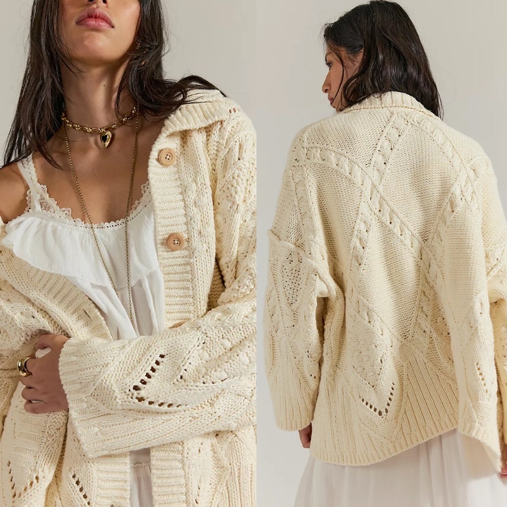 NWT FREE PEOPLE heart you chunky Knit ivory Sweater size Large - Oversize look